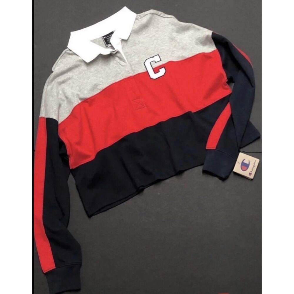 Champion Rugby Crop Top Polo Shirt Collar Womens Sz XL Colorblock Red Blue - Picture 2 of 11